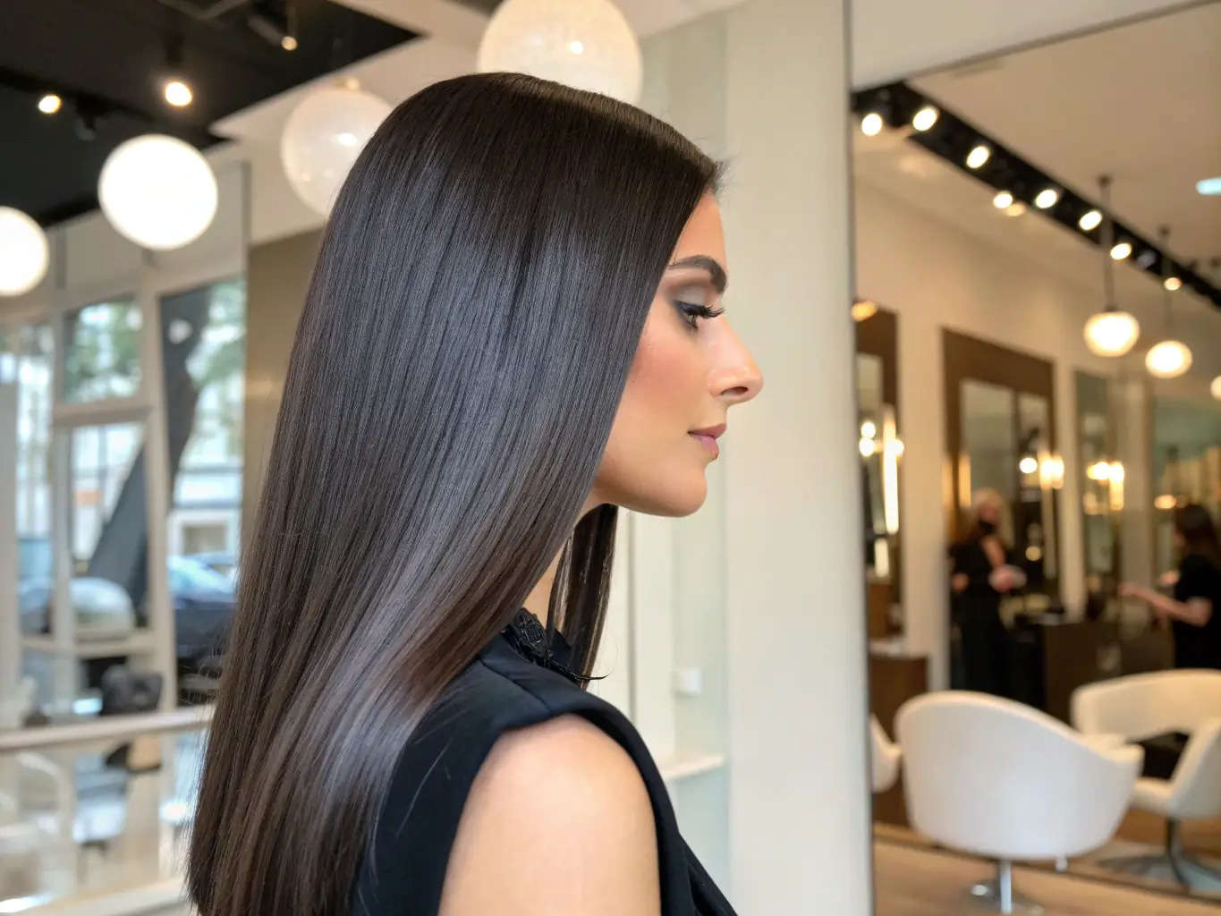 A stylish image of a client showcasing a modern, minimalist hairstyle created by cu.ink, reflecting the salon's blend of traditional Chinese aesthetics and contemporary design.