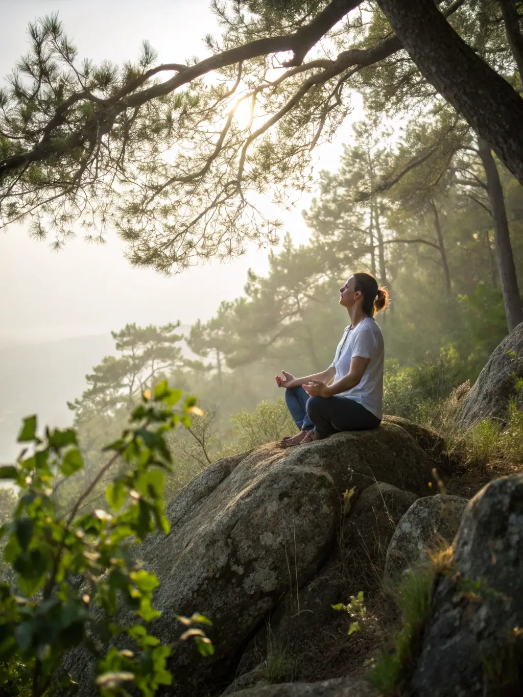 A serene image of a person meditating under a soft, pink-purple lunar glow, embodying the reflective and peaceful atmosphere of the 'Immersive Reflection' experience.