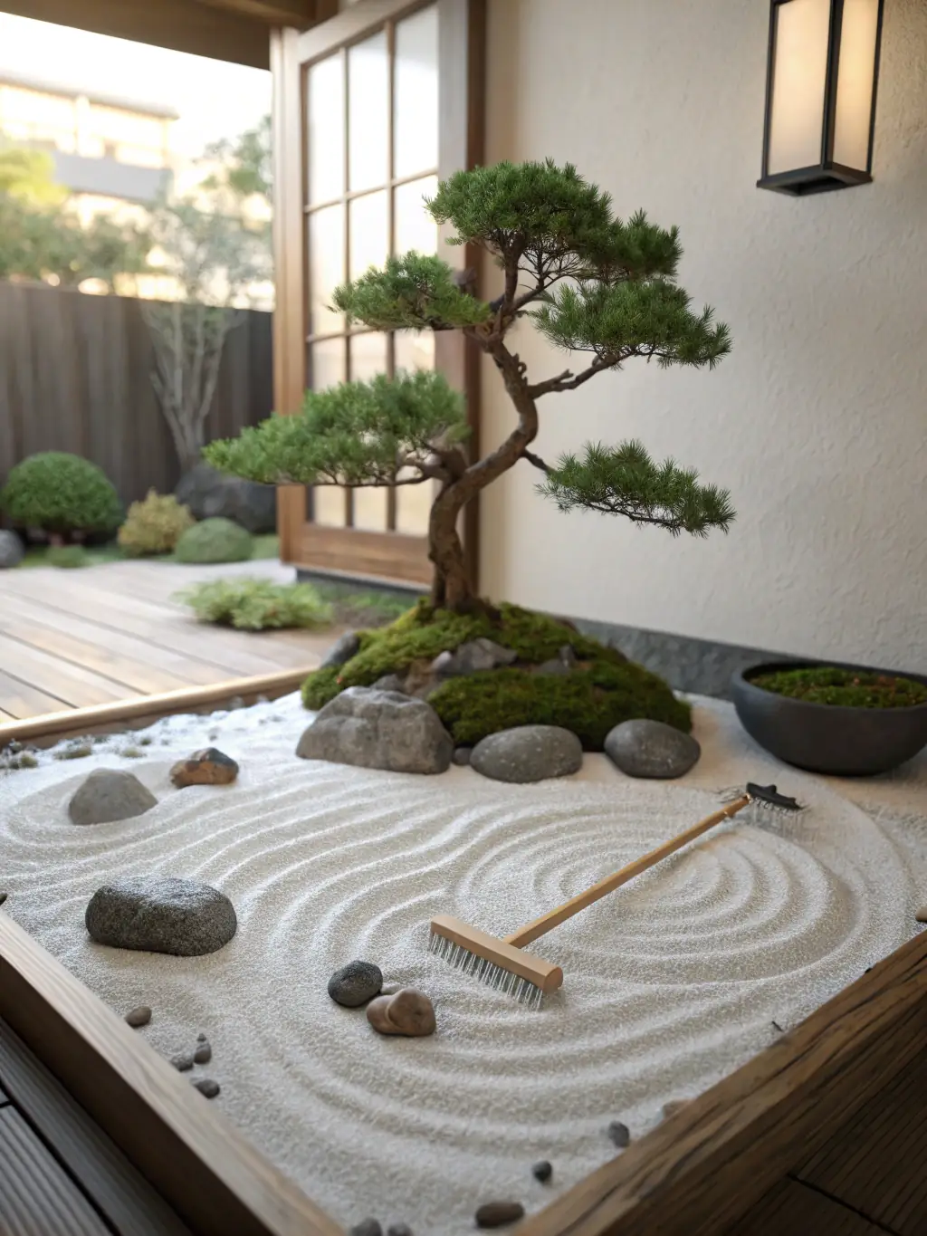 A minimalist Zen garden with carefully placed stones and raked sand, reflecting the modern minimalism and Chinese aesthetics that inspire the event's design.