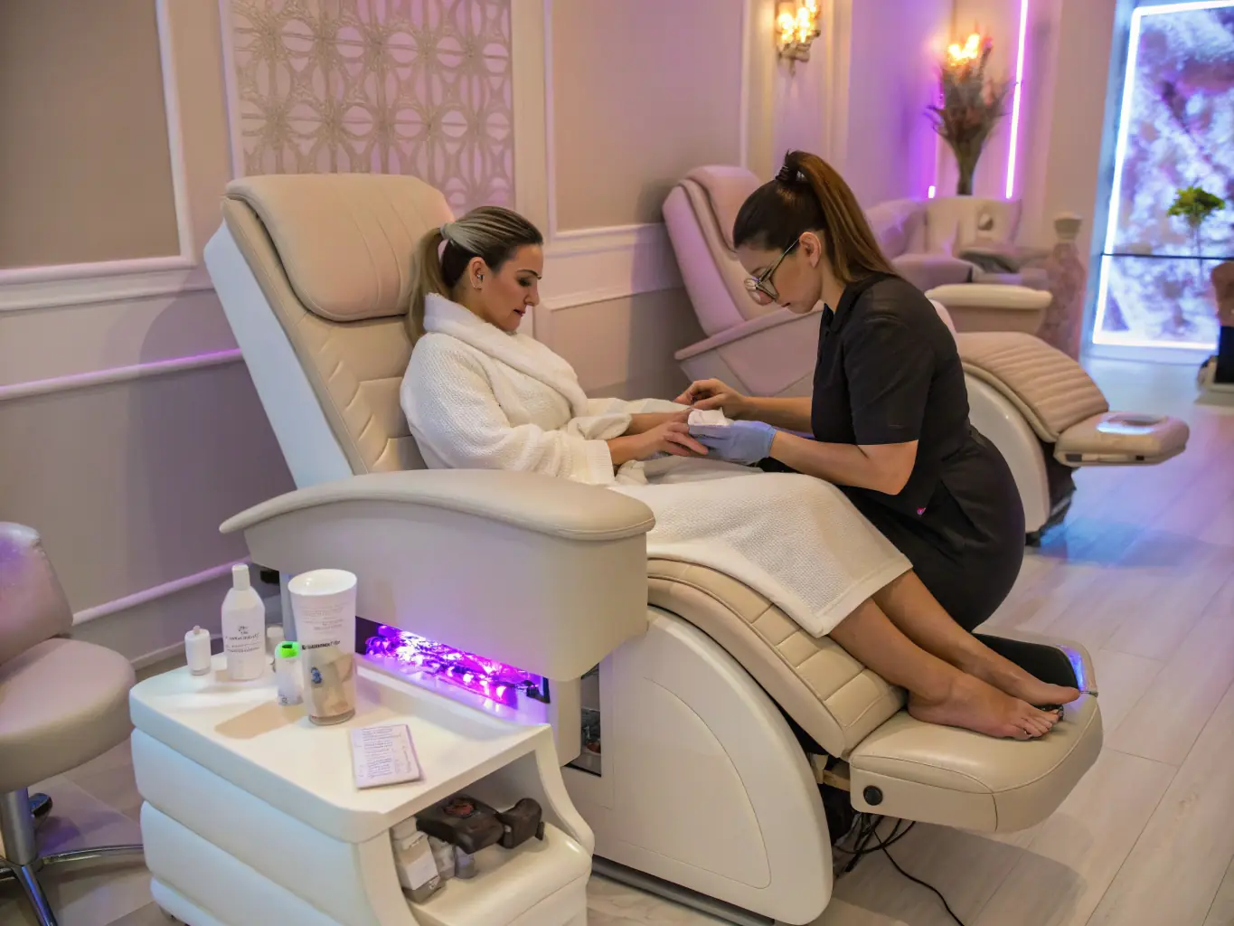 A serene image of a client receiving a personalized skincare consultation in a dimly lit, modern salon setting, emphasizing the salon's commitment to individual beauty and well-being.
