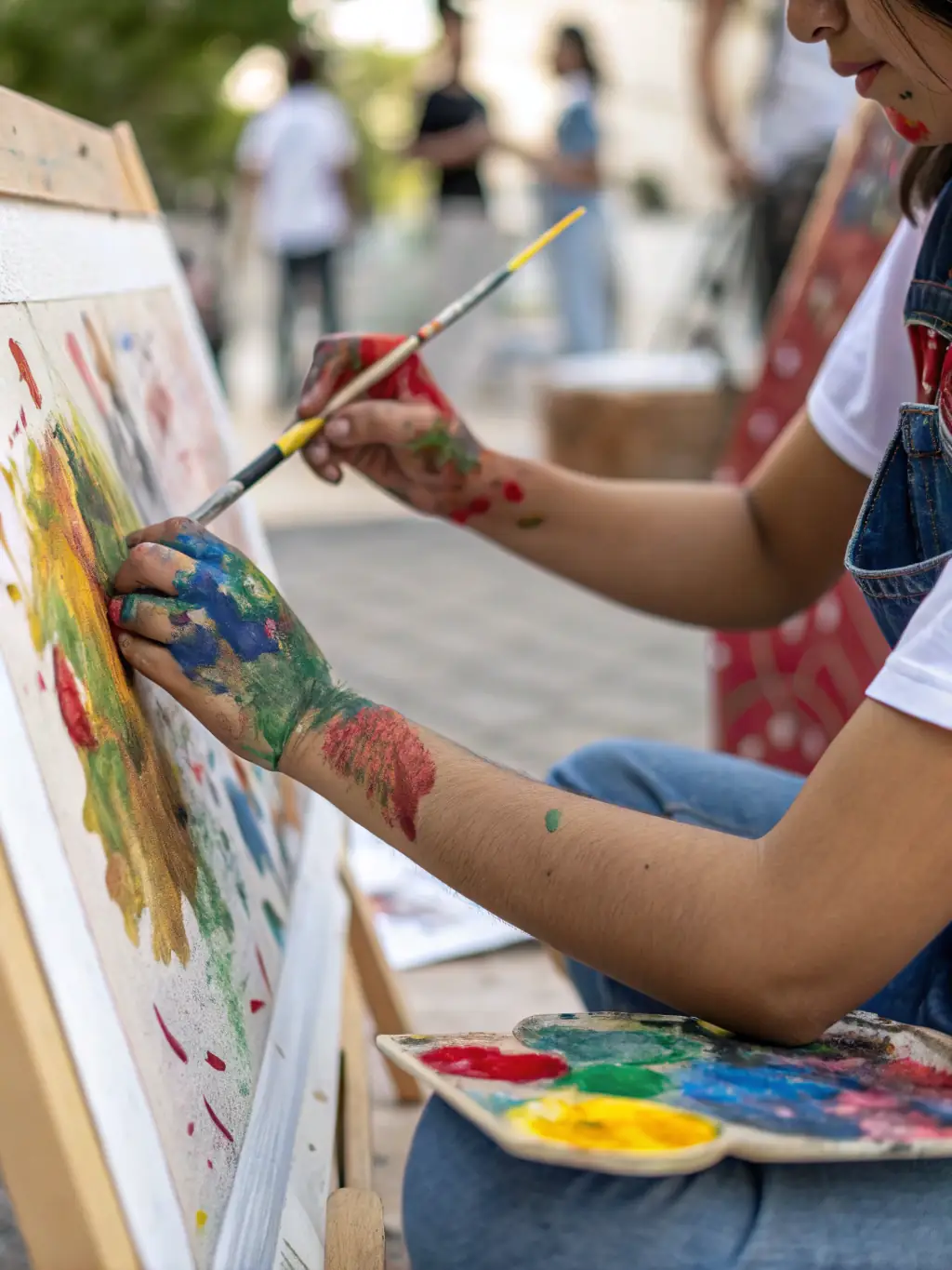 A close-up shot of hands gently applying watercolor paint to paper, creating soft gradients of pink and purple, symbolizing the artistic expression encouraged during the event.