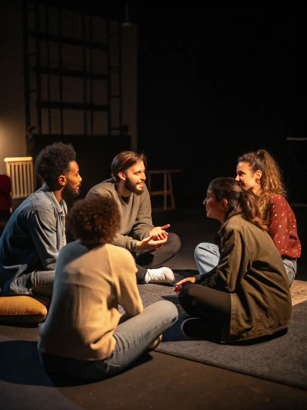 A group of people sitting in a circle, sharing stories and experiences under the soft glow of ambient lighting, representing the cultural storytelling aspect of the event.